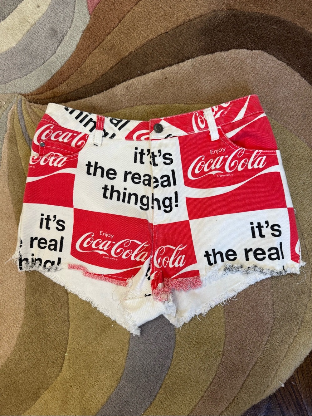 Current Mood x Coca Cola Red & White Checkerboard Logo Denim Cutoff Jean Shorts